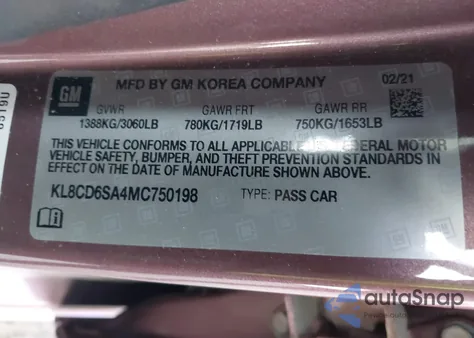 2021 Chevrolet Spark 1Lt из США, поврежденный, VIN KL8CD6SA4MC750198